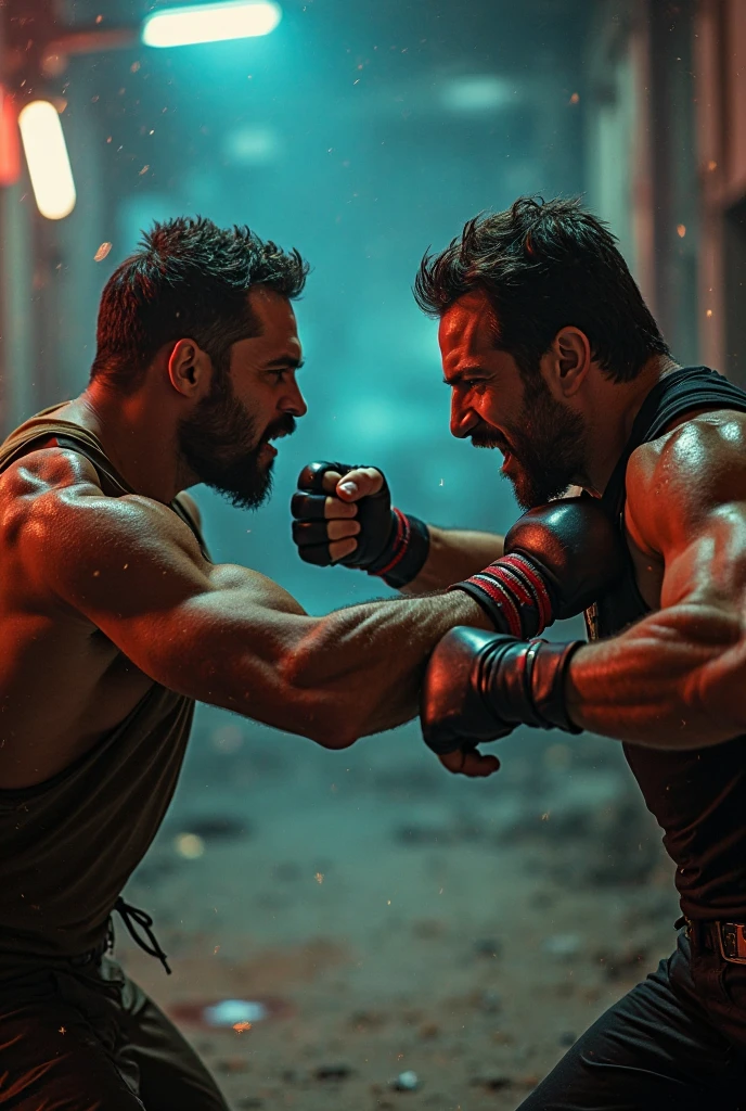 hairy Italian daddy muscle boxing with a strong chest and colossal arms and biceps, he wear a oversize white boxing gloves fighting with his adult  in a close fight, he is teaching to boxing in a small boxing gym with large mirrors where they reflect. They both look tired and sweaty. both are muscular, hairy and stronger. they are huge and be hug, sweat over his bodies