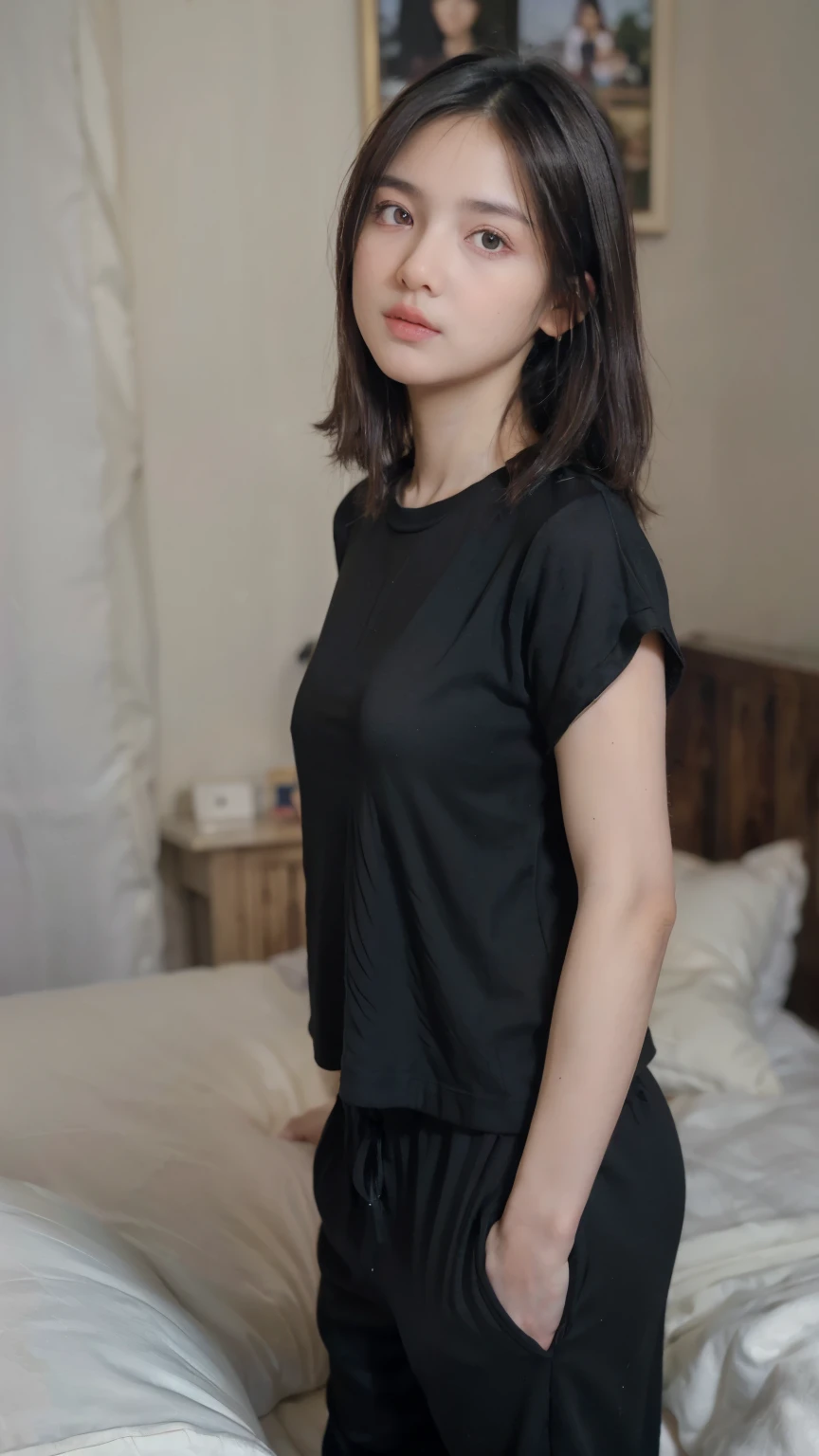 (foco nítido: 1,2), fotografia, (rosto bonito: 1,1), olhos fechados, delicious lips, (maquiagem de olho de gato: 0,85), (olhos fechados: 1,0), (corpo tonificado: 1,2), (liso curto e preto cabelo:1.2), (Moderate lighting: 1,2), profundidade de campo, Bokeh, 4k, HDR. por (Tiago C. Christensen:1.2 | Jeremy Lipking:1.1). Woman named Anne sitting on a bed facing the camera , medium and beautiful breasts, bunda bonita, pele branca, cabelo liso e preto, small hands, wearing black sneakers, wearing a non-transparent black T-shirt and red shorts, , corpo inteiro, sitting on a bed facing the camera