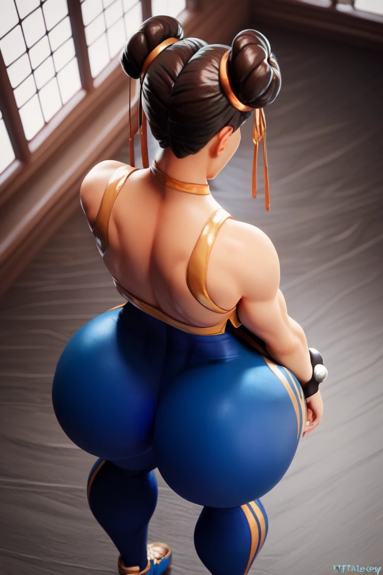 Big booty, tight blue yoga pants, kneeling in bed, looking back, large breasts, toned body, topless, leaking vaginal fluid