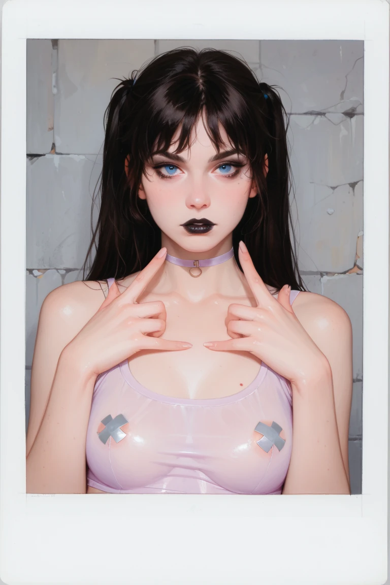 A realistic rendering of a Victor Vasnetsov style illustration of a very close, ultra close shot on the of three pert, nubile, thin, freckled, teen s, with 50s style purple hair, topless, bare breasts, smasts, little brtiny breasts piles , puffy ni exposed nipplaring cleaink plbody harnesses, clnk plastic choker necklace, clear pink plastic bondage straps , clear, pink, plastic lingerie, sitting in a clek plastic bondage swing, open blouse, undressing, uniform, in a room with sclear, pink plastic bondage rtially clothed, clear, pink plastic, abstract, geometrical backgrouna close shot on breasts