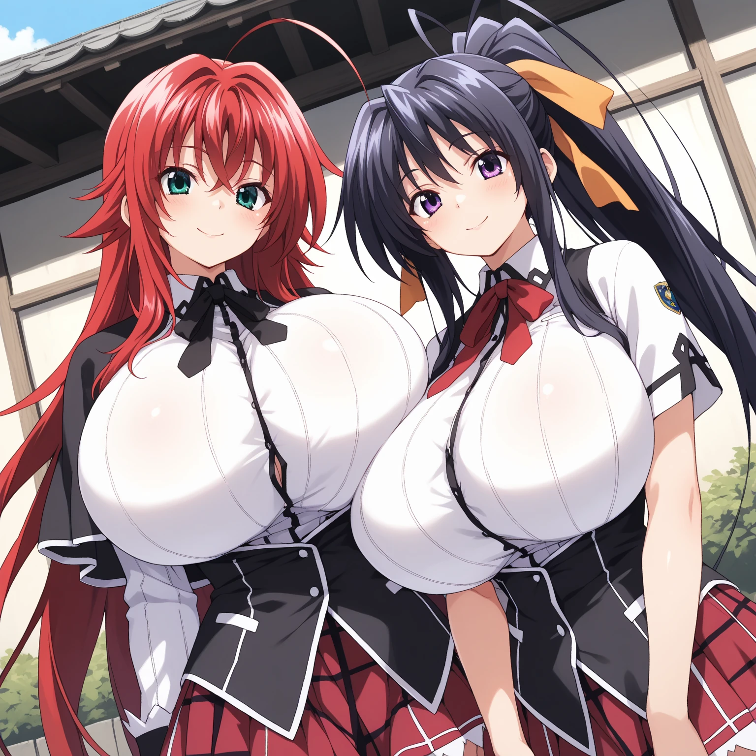 (masterpiece:1.2), (Highest_quality:1.2), 超High resolution, Very detailed, 8k, High resolution, High resolution, anime, Very detailed, (Highest shadow), (Absurd), 
break stella vermillion, (Large Breasts:1.3), (Perfect Proportions:1.2), (Tight waist), 
break hair between eyes, Hair Intake, hair ribbon, Long Hair, (Red eyes:1.5), Redhead, Both sides up, yellow ribbon,
break black choker, choker, Symbolism, Garter Straps, neck ribbon, Plaid, puffy Short sleeve, Puff sleeves, purple ribbon, Redhead, ribbon, 
break , shirt, Short sleeve, skirt, Knee socks, white shirt, white skirt,
break standing, Outdoor, School courtyard, smile, Very large breasts、Erect nipples、Large areola、No bra、No underwear、bottomless、topless、skirtをたくしあげる、Blushing shyly、