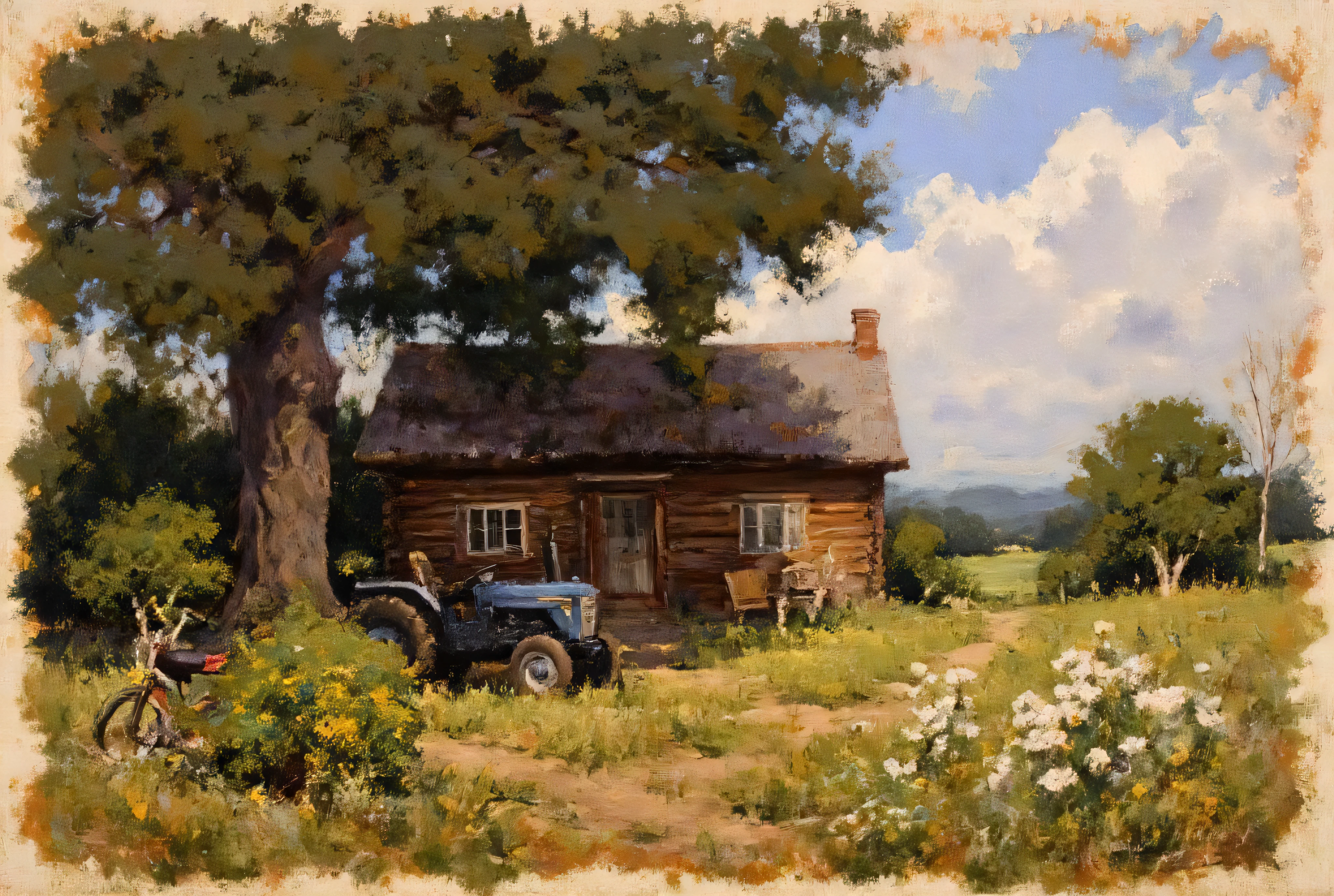 masterpiece, Highest quality, Highest detail, The highest possible texture quality, photorealism, vintage style under a photo card with scorched edges;
in the foreground is a cozy single-story log cabin with a moss-covered roof. There is a small chimney on the roof with smoke. U huts one window on one wall and one door on the other wall, a birch grove facing a small cozy porch. There is a wicker chair on the porch.
Behind the hut is a huge old oak tree with a spreading crown. The hut is completely under the oak branches.
There is an old Belarusian blue tractor near the porch, against which an equally old vintage Java motorcycle is leaning.
Under the hut window there is a flower garden with various bright colors. lots of daisies .
There is a dirt road, stretching into the distance to the horizon, on the other side of the road.
On the horizon, you can see the ruins of a metropolis absorbed by nature.