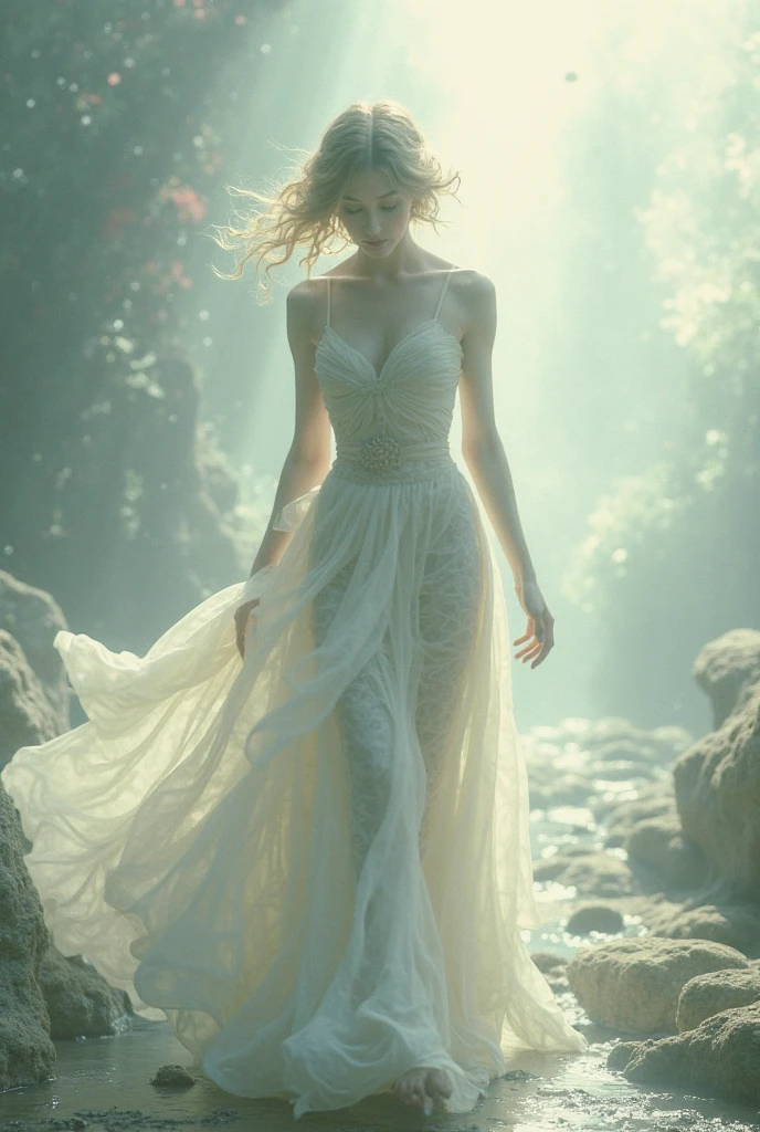 view outside, Dark interior, lying on bed pillow, sleeping girl, Undergarments, Thin duvet, long blonde hair, white skinned, large full breasts, Long leg, wide open glass door, garden in the rain