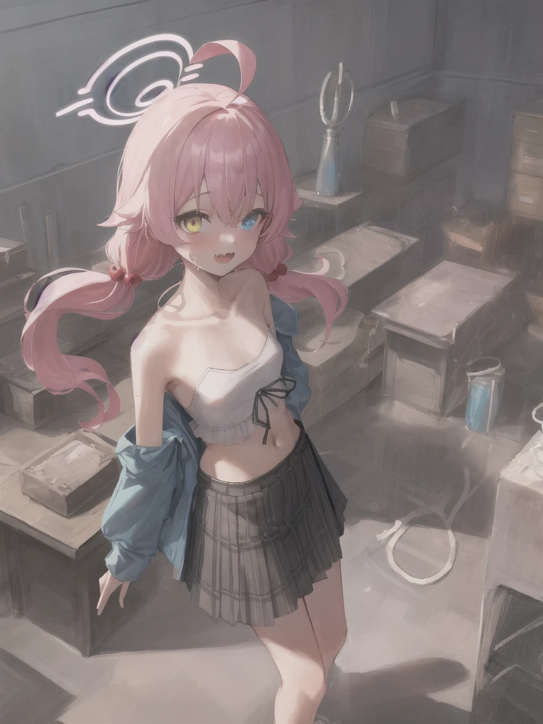 ((Masterpiece)), retina, wide-shot, cinematic lighting, very messy hair, (very insane laugh, badly tattered dirty cheep camisole, exposed breast, Slender small breasts), empty Inorganic and very clean pure white room, (Very strongly Restraints with handcuffs), Textured skin, light purple hair, Cute Beautiful girl