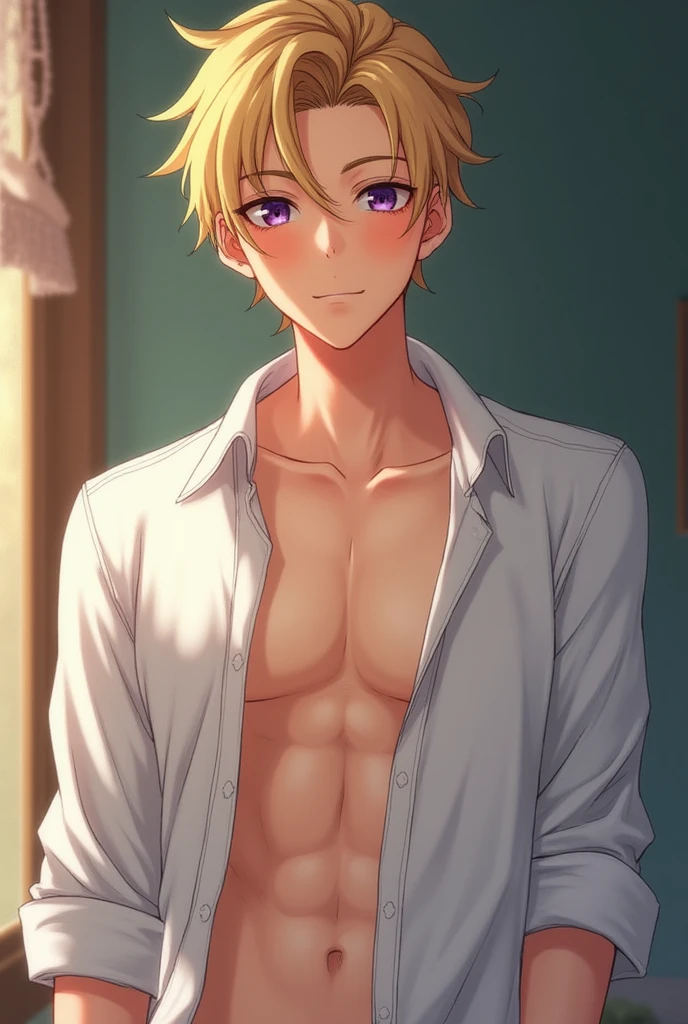 Ultra HD, Super quality, masterpiece, no underwear, blonde short hair, 17 old a boy, solo gay boy, Gay Hentai Anime, Nice body, ((Beautiful anime boy face:1.3)), alone bedroom, full body, sexy body, micro leather shorts, crotch emphasis, sweet, prostitute boy, blushing and smile face, Upper body naked