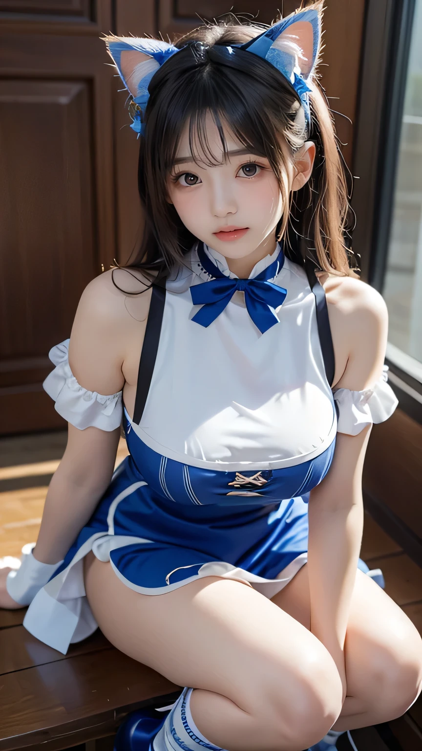 Showing your armpits、sleep with stuffed animals、Wear a costume、Blue clothes、 masterpiece、One girl per photo、Thighs、stockings、Full Body Shot、Front view、Young and beautiful woman in Japan、Wearing a cute short-sleeved satin silver black maid outfit、With a big smile、White ruffled headband、White frilly apron、Black Choker、Charming person、Very cute face、Glossy Lips、Body covered in sweat、Double eyelids on both eyes、 Natural Makeup、Long eyelashes、Long Bob Hair、Shiny and smooth light brown hair、Asymmetrical bangs、Sunburned skin、Center image、8K resolution、Advanced Details、Detailed hairstyle、Detailed face、Great cinema lighting、Octane Rendering、Vibrant、Ultra-realistic、Perfect limbs、Perfect Anatomy、Huge
