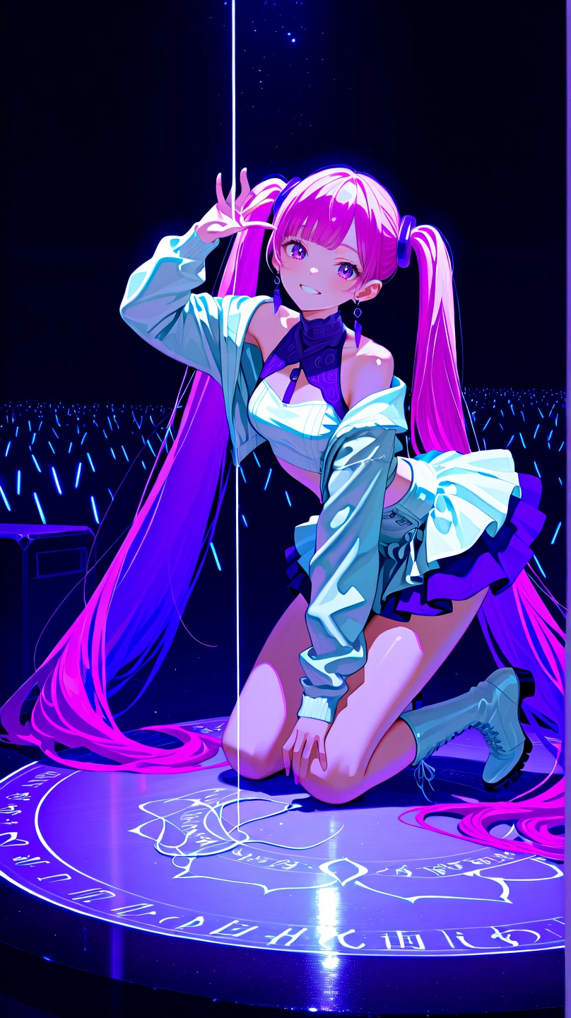 best quality, super fine, 16k, incredibly absurdres, extremely detailed, delicate, flashy and dynamic depiction, beautiful cute girl, sparkling light blue big round eyes, happy, shy, smile, pink twin tails, big long ahoge, thin flat body line, slender proportion, wearing pink and white horizontal striped knee-high socks, pink, white and black crop top, black micro bikini pants, red enamel long boots, cute pose, floating in the air, background iridescent aura-effect