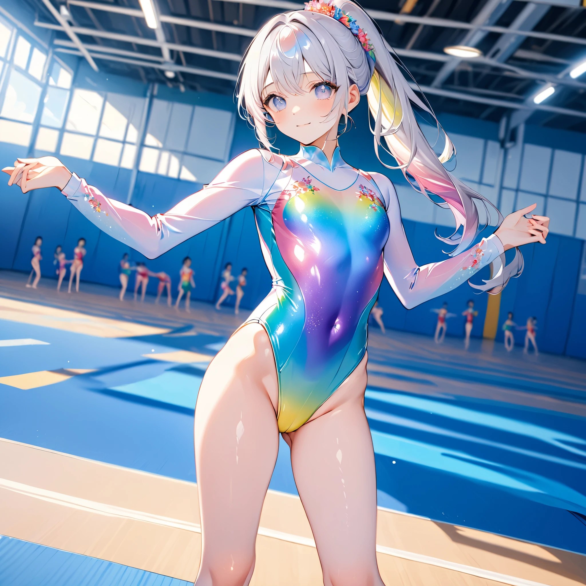 Highest quality、High resolution、Detailed Background、(Beautiful face in every detail:1.4)、Anatomically correct、(Normal number of fingers:1.2)、Detailed eyes、Teenage beauty、Highly detailed face、Perfect body line、Bun Hair、ponytail、Braid the side hair and put it in a bun、well-groomed eyebrows、Hug playfully、A big smile、smile、A fun atmosphere、
(Three girls happily practicing rhythmic gymnastics:1.5)、
Inside the gym、A girl and her friends are practicing rhythmic gymnastics、They are wearing gorgeous uniforms and performing rhythmic movements to the music.、They use their flexible bodies to effortlessly manipulate ribbons and balls, and perform perfectly coordinated combinations.、Passionately working on practice with close friends、Even though they were sweating, their expressions looked cheerful and they seemed to be having fun.、Passion for rhythmic gymnastics and friendship are dynamic、
Leotards designed to flatter the body line are a classic.、Leotards decorated with sequins and jewels are also popular.、Hair accessories are recommended not only for hair ornaments but also for headbands.、Pair it with leg warmers and a headband、Designs that flatter the body line、The ones with glittery decorations are popular.、Pair colorful leggings with a fitted tank top or camisole.、cute