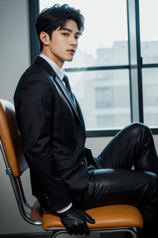 man, Asian, handsome, high, marked pectoral, short black hair side swept, with transparent lenses, wearing plain black sweater, gray dress pants, black dress socks, shiny black shoes, in his office, sentado in his office, in a black leather chair, with white light, He has a bulge between his open legs, playful look