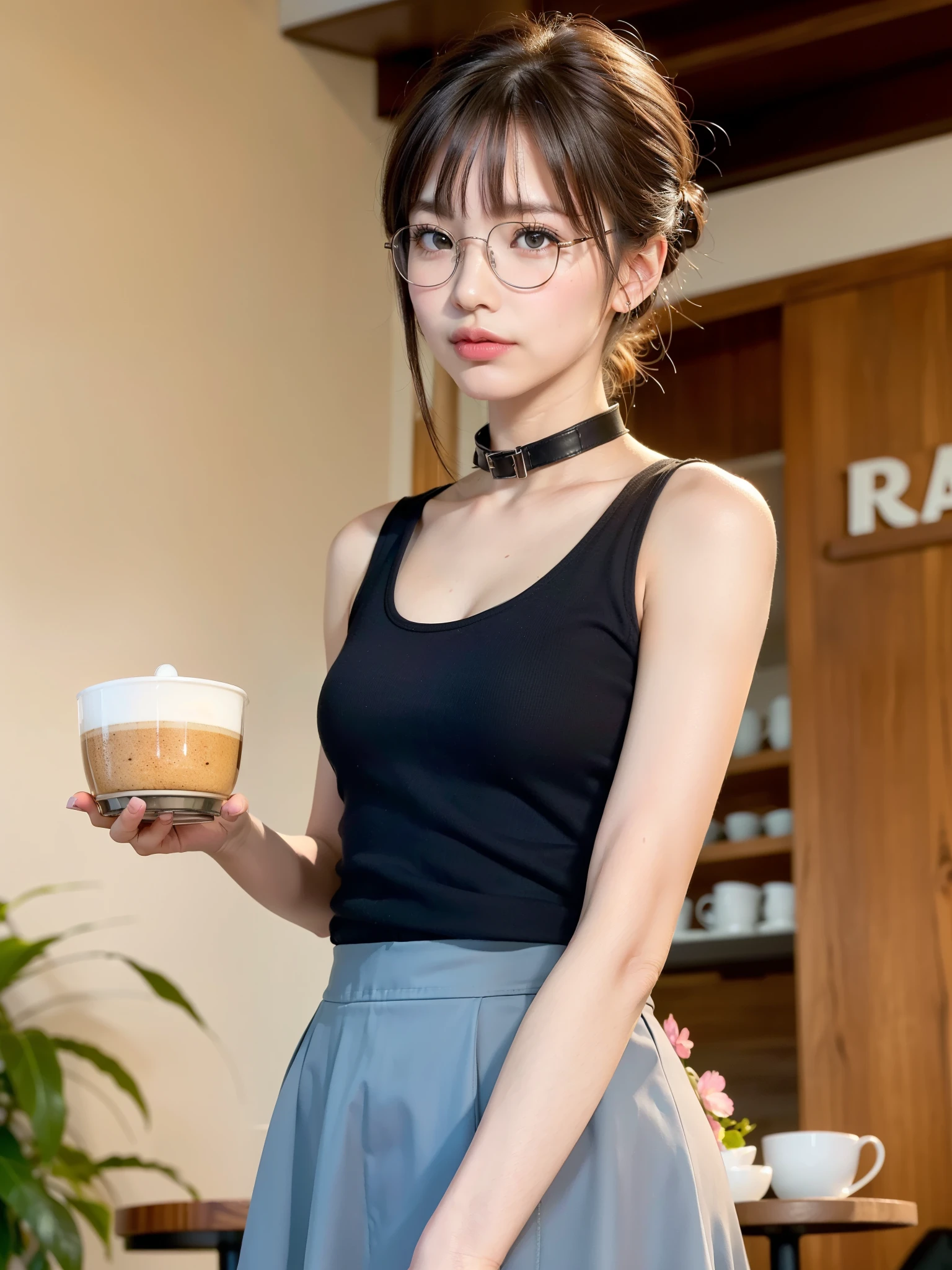 1 naked girl, very small breasts (firm and full), drinking_straw, full red hair, short curly hair, black eyebrows, black eyes, detailed eyes, solo, disposable_cup, bubble_tea, cup, drink, bubble_tea_challenge, photo_\(medium\), brown_eyes, looking_appearance, bob_cut, drink, full body view, nude, hat, brown leather backpack
