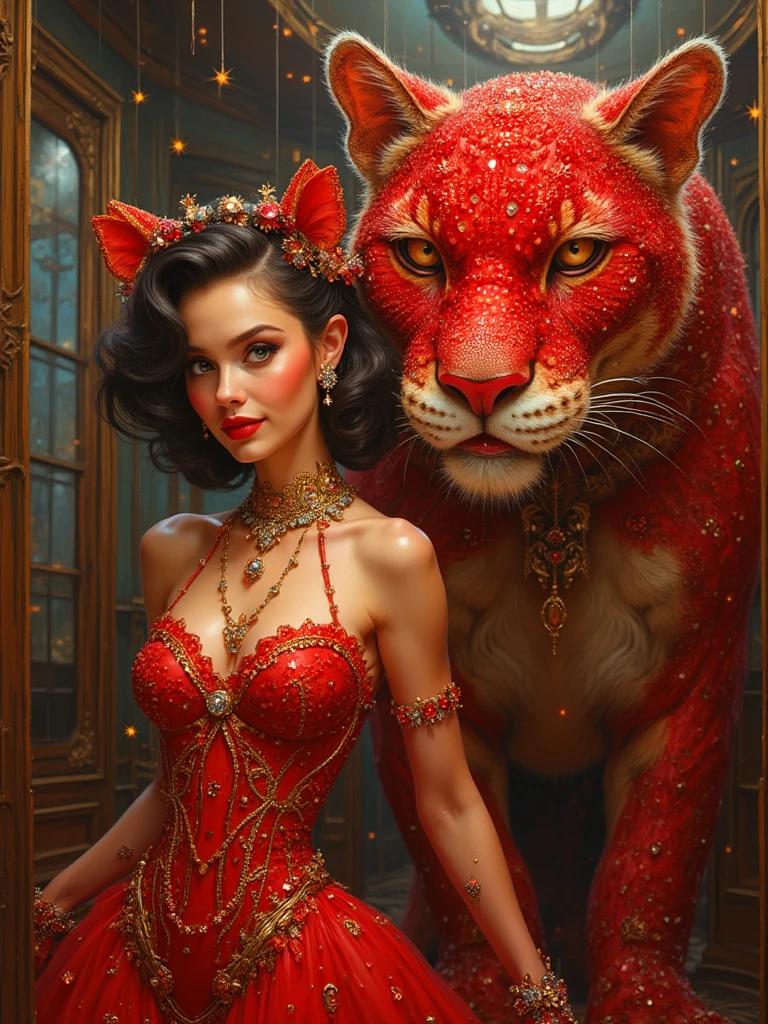 Short, Red hair, green eyes, young, Darling, smiling woman wearing metal-framed glasses, with size 2 breasts, in a red dress holding a tiger cub, Ruan Jia and Artgerm, Artgerm and Ruan Jia, Inspired by Lan Ying, inspired by Pu Hua, extremely detailed art germ, artgerm and Rossris, fantasy art style, In the style of Artgerm, Artgerm in detail, :: Rossris