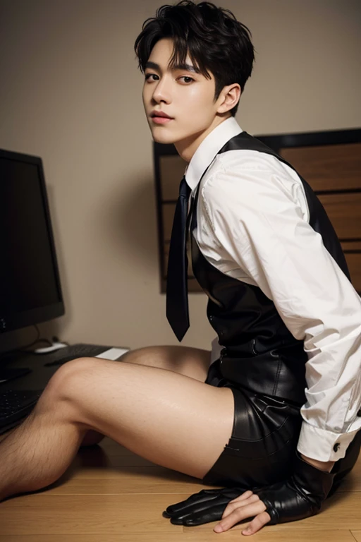 oppav3, (masterpiece, ultra quality, high resolution, 8k, intricate: 1.2), (detailed face:1.2), (wearing black suit:1.5), handsome, detailed skin, pores, absurdres, hunk, 1boy, male focus, ((realistic)), good lighting quality, muscle veins, ((pale skin)), flexing, balanced eyes, brown eyes, (bare thighs ) , sexy , NSFW , eroticism , seduction, standing , big thighs , fat hips , porn , exposed skin , exposed thighs , puffy nipples , seduction , bare hips ,