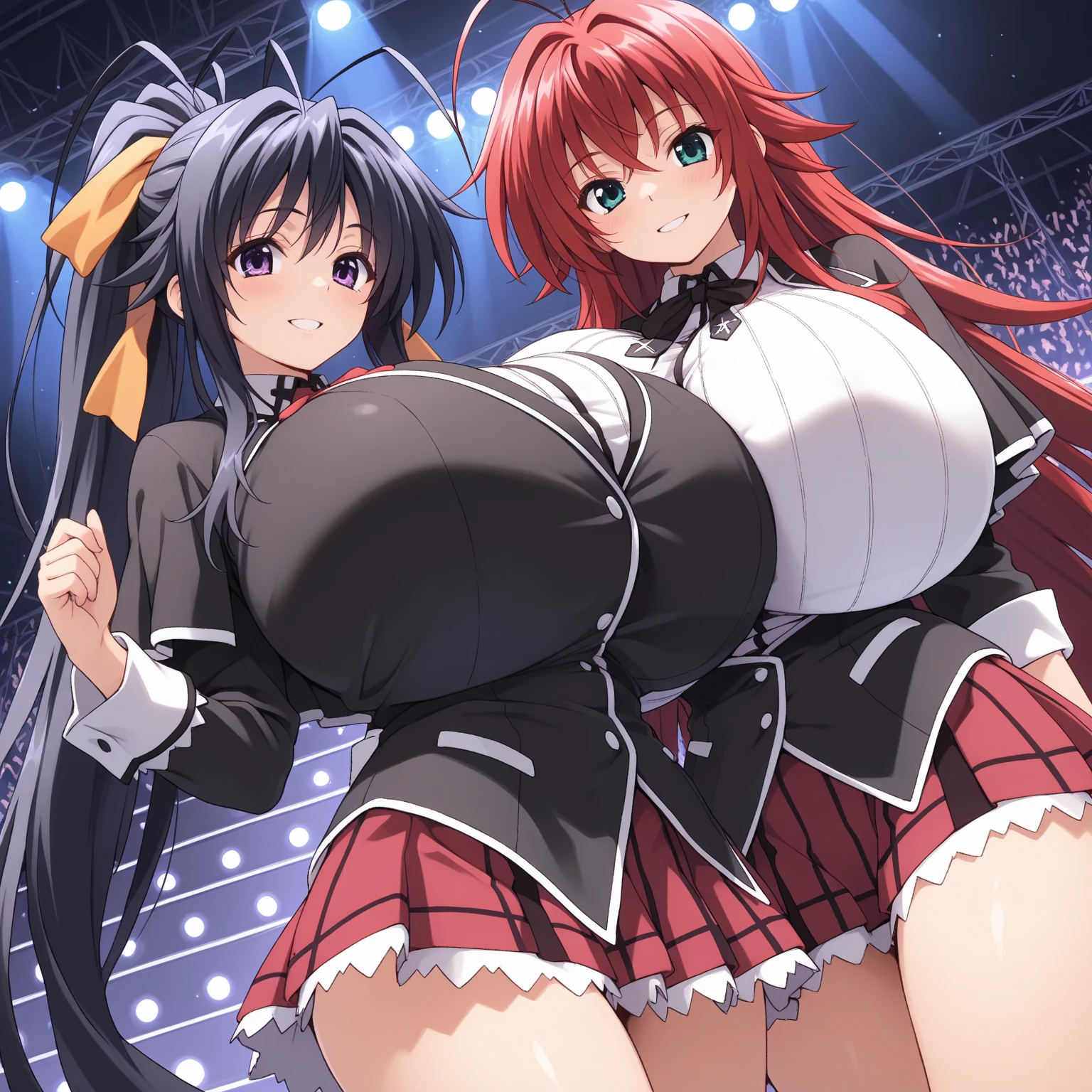 (2 girls) ,(Yukinoshita Yukino white lace panties).(Yuigahama Yui pink lace pants), classroom, uniform,,(black blazer),shirt,(Yuigahama Yui has big breasts),((Yuigahama Yui opens her mouth)),((shiny panties))),thighs,calf,smile,from the front,