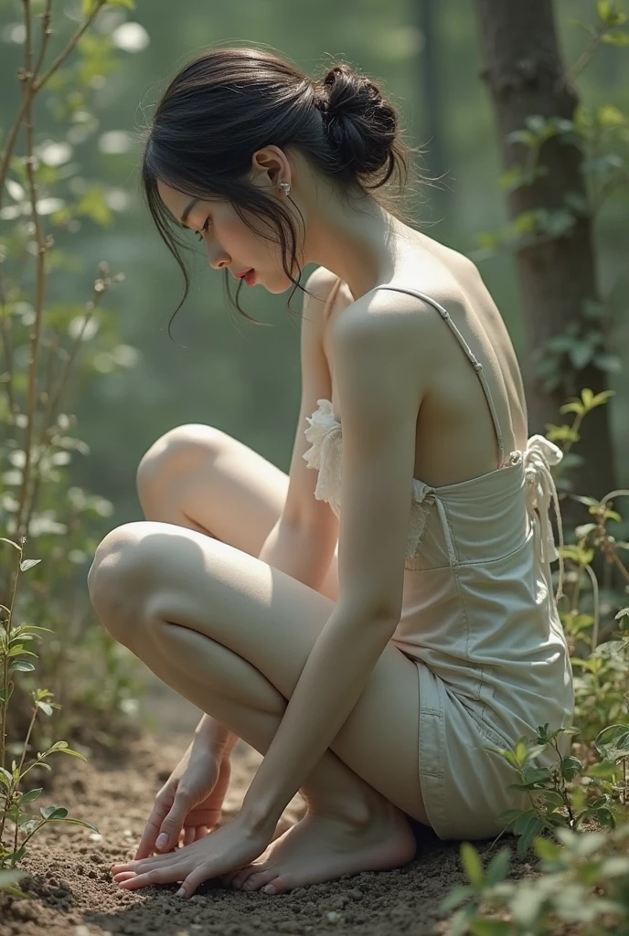 A beautiful korean girl sleeping on the flor outside, on dirt, realistic, full body, legs visible, hurt her legs