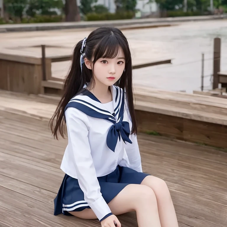 nsfw, girl, 1 person, girl, 18-year-old, high school girl, Navy blue sailor suit, Winter clothes, Navy blue knee socks, 