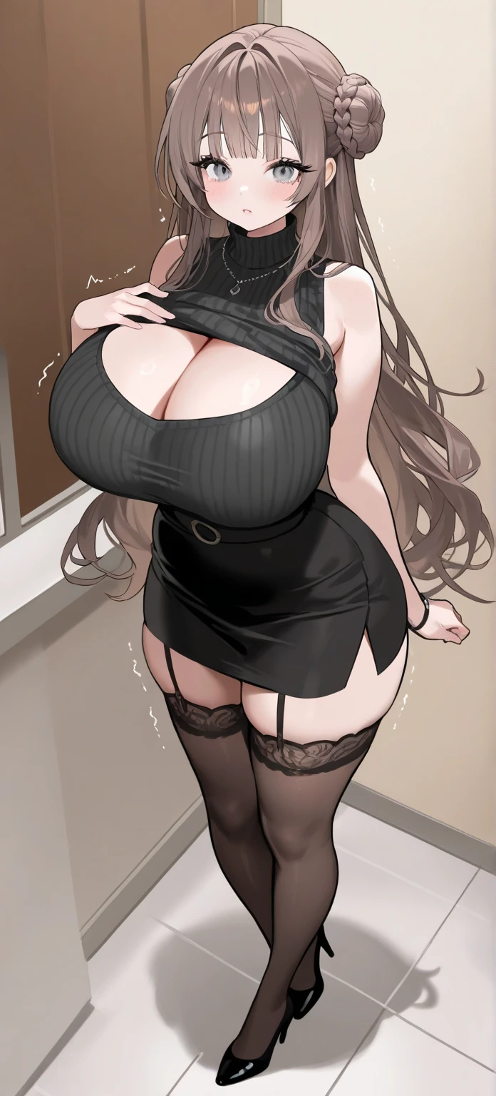 8k, best quality, real picture, intricate details, ultra-detailed, ultra highres, depth field,(photorealistic,realistic:1.2),masterpiece, straight-on shot, dutch angle, 1girl, an extremely beautiful 17-year-old girl, innocent big eyelack_LONG_hair), (BLUE_eyes:1.0),(bangs),wavy hair,perfect shiny skin, flawless skin, fair skin, huge breasts, cleavage, narrow waist, light blush, solo, looking at viewer, light smile, chubby under clothes, sweat, Black Tank Top,Sleveless,Black Shorts, sunset, classroom ,(seductive smile, jagged expression, evil expression)),(Beautiful,huge_Breasts:1.6), (beautiful face:1.5),(narrow waist),(huge ass :1.4),(slender body:1.2),cleavage, midriff,Large Aerolae,perky breasts,(detailed black tank top),expressive eyes,perfect eyeeautiful eyes), (dazzling pupils), (amazing irises), (perfect eyes), perfect anatomy ,no mistakes,1girl