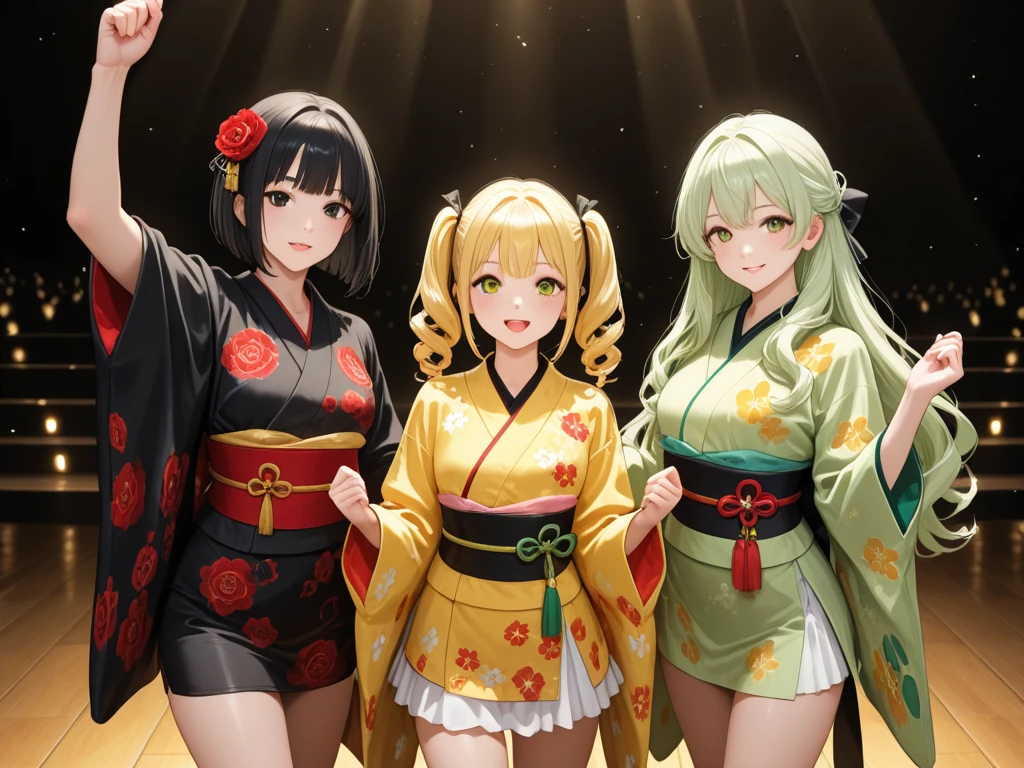 Masterpiece, super high quality anime style illustration. Rio de Janeiro Samba Carnival, ((Two Japanese Samba Dancers)), ((Two very cute girls)), ((Smiling and dancing)), colorful hair, bob, short. Dark eyes, perfect makeup. Extreme and revealing costume. Attractive legs. Confidently spreading legs shoulder width apart.
