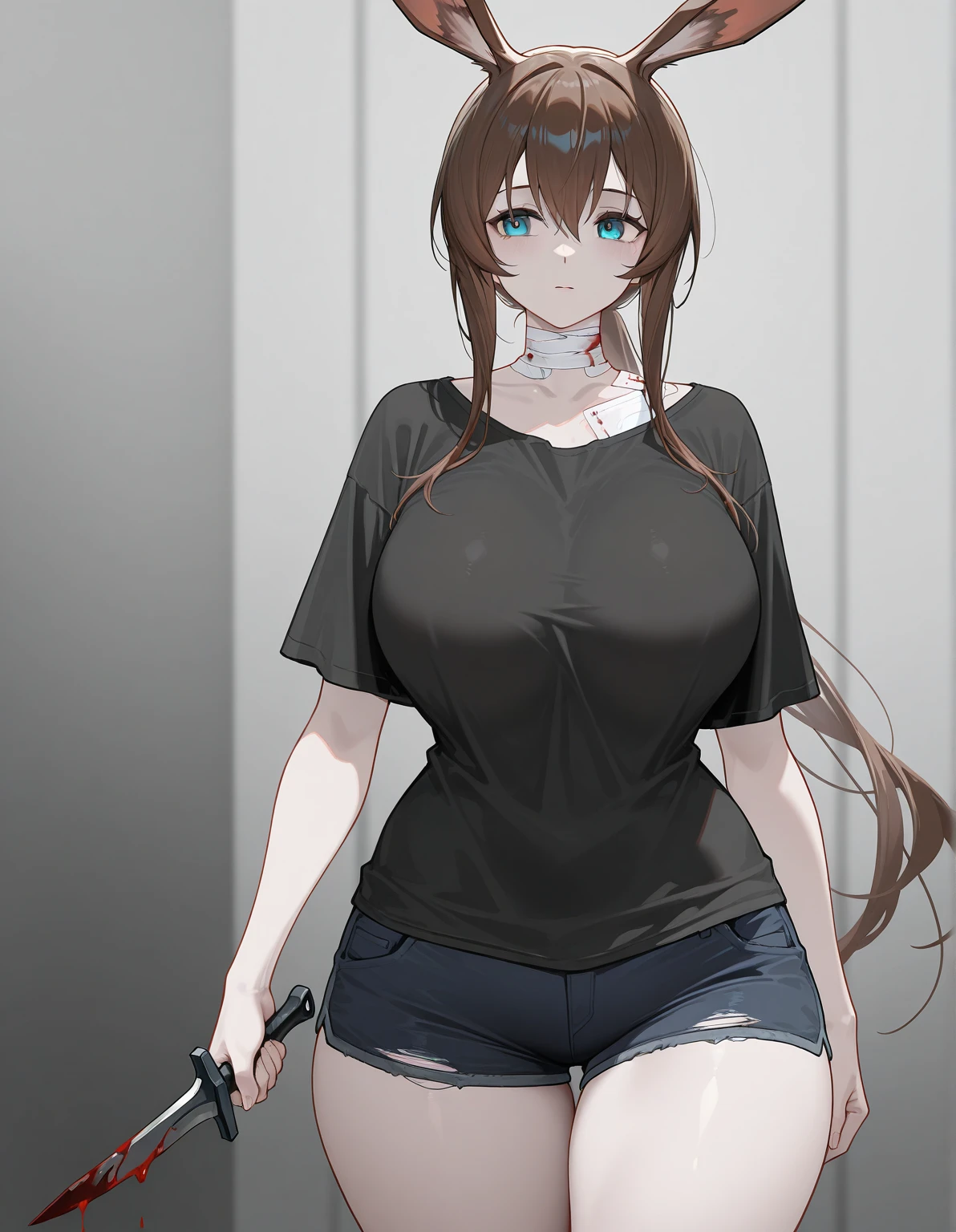 (absurdres, 8k, 4k, masterpiece, hyper extreme detailed:1.2), solo, 1girl, front view, perfect anatomy, cowboy shot, perfect face, 1girl, portrait, solo, Female, Mature Female, long hair, brown hair, white skirt, eyepatch, black eyepatch, annoyed, graphic t-shirt, swept bangs, brown eyes, brown eyes, White Shorts bound, bondage, (arms behind back:1.4), bdsm, tape gag, tape, tape bondage, restrained, taped thighs, taped legs, legs together, tape wrapped, wrap gag, shorts, t-shirt, messy hair, short, large bust, angry, large breasts, big breasts, forward view, shibari, bondage, bdsm, rope, half body,