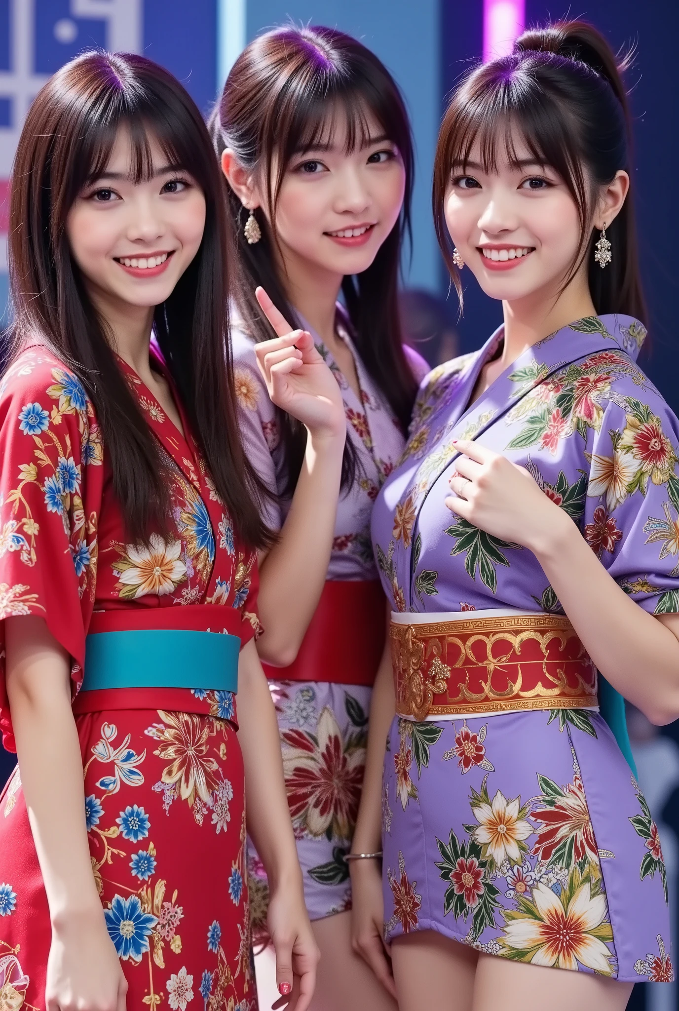 (4 person female idol unit singing live),((着物と帯のを現代風にアレンジした個性的なCostume1.5)),Bare legs, ((4 people face、hairstyle、Costume、Draw everything by color 2.0)),Big smiles at fans.Currently performing live