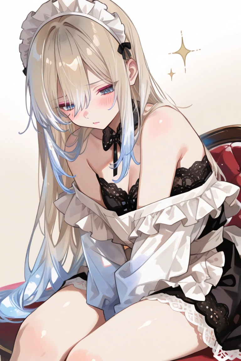 Cute beautiful girl、Embarrassed blush、Budding breasts、Gothic Lolita Lingerie、Wavy Hair、From above、Her breasts are exposed and she covers her nipples with her hands、Put your hands between your legs,