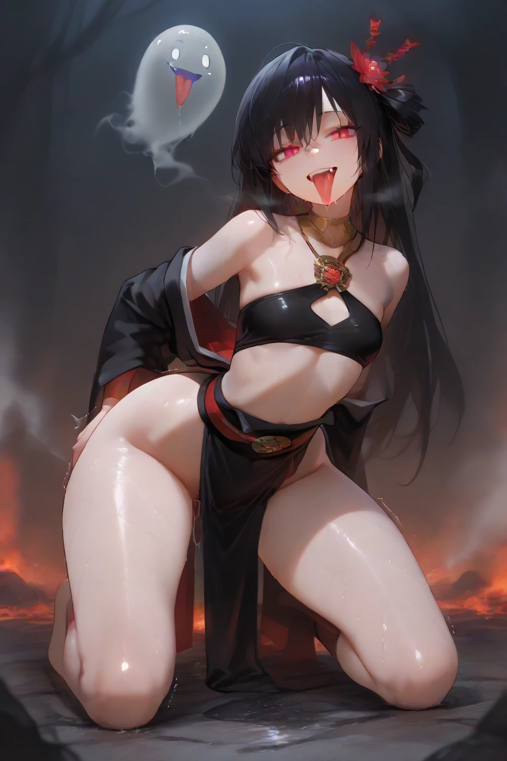 assassin woman with a thick black hair, slender toned body, pale skin, low fantasy, taekwondo kick, naked, nsfw
