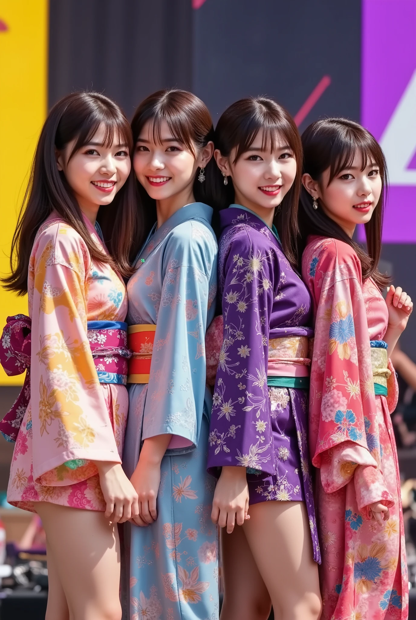 (4 person female idol unit singing live),((着物と帯のを現代風にアレンジした個性的なCostume1.5)),Bare legs, ((4 people face、hairstyle、Costume、Draw everything by color 2.0)),Big smiles at fans.Currently performing live