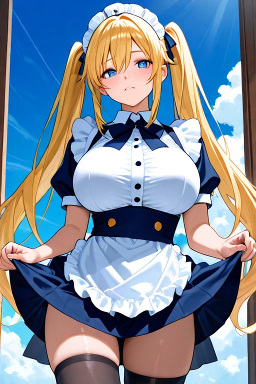 <lyco:TsukiumiV3:0.7> tsukiumi, large breasts, standing, solo, Tsukiumi_Blue_Maid_Dress, twintails_Tsukiumi, masterpiece, best quality, detailed face, detailed eyes, highres,