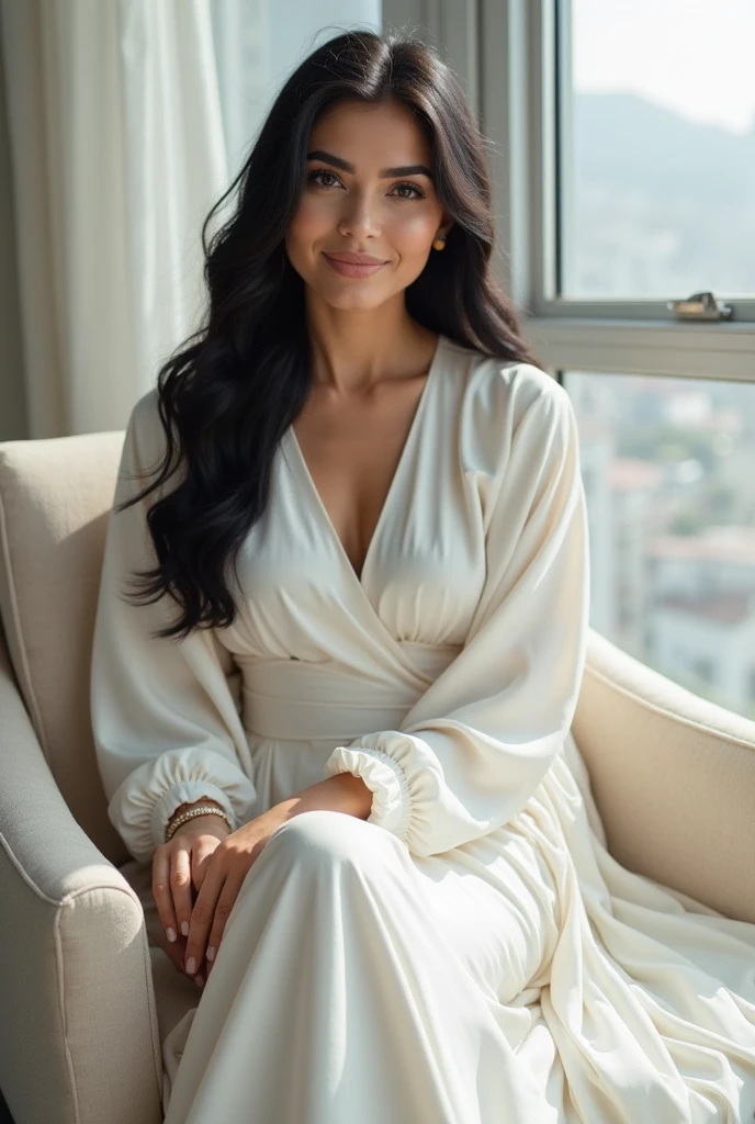 A beautiful lady in a photoshoot, sitting, wearing a beautiful and elegant white dress, long hair with curling iron