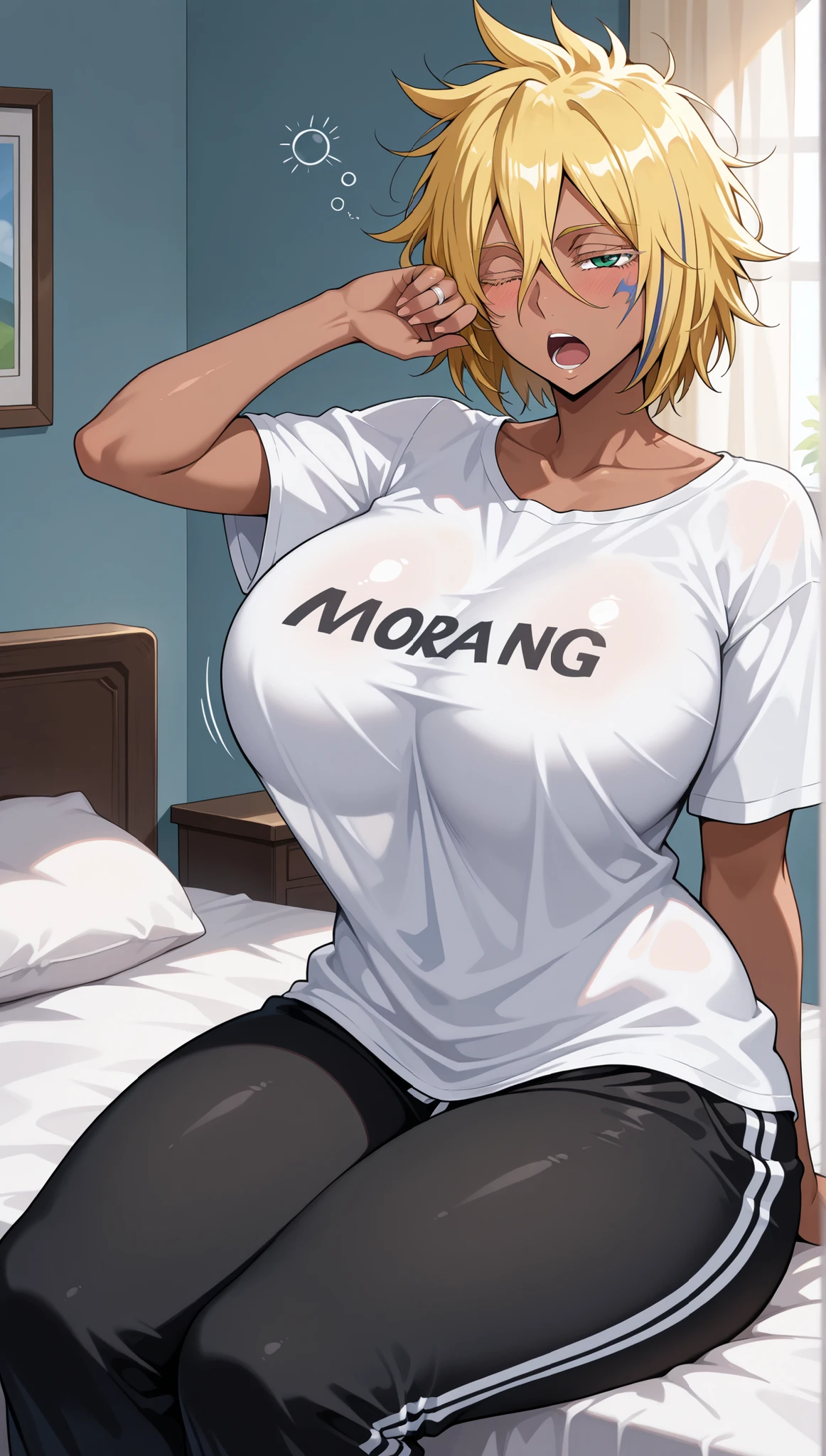 masterpiece,best quality,absurdres,photorealistic,mature female,sagging breasts,<lora:liangya:0.6>, short_hair,large_breasts,blonde_hair,cleavage,t-shirt, shorts,