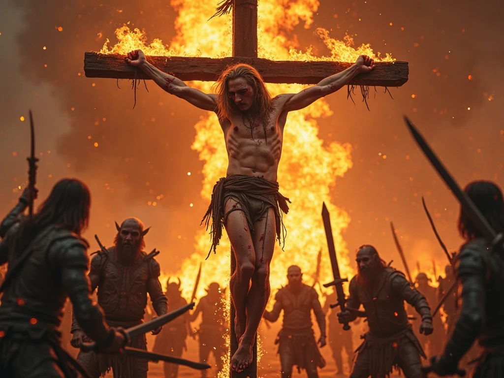 Man with burnt skin crucified on fire
