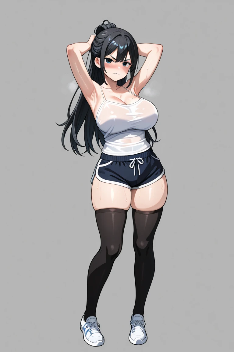 kasumigaokautaha, utaha kasumigaoka, black hair, hairband, long hair, (red eyes:1.5), masterpiece, best quality, highres, full body, full pose, kasumigaoka utaha, 1girl, solo, smile, ((lying)), bed, blushing, black hair, hairband, red eyes, long legs, ((smug face)) white hairband, ((medium breasts)) black tank, ((underboob)) ,black fishet stockings, blue short jeans, blushing, squat, armpits, hands behind head, smile, black converse shoes, cowboy shot, looking at viewer, view from down