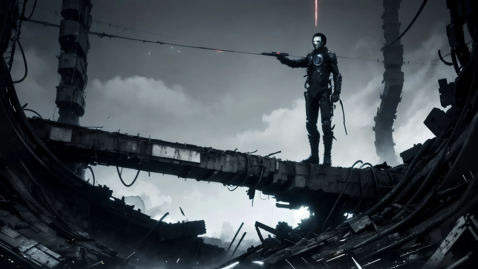 24mm lens,blame, tsutomu nihei, by tsutomu nihei,movie,panoramic, A huge biomechanical body,Mouth stitching、eye mechanization,has three humanoid characters standing on the front platform,standing on the front platform,The middle is a bald man,with thick robotic arms and cables,The overall atmosphere suppresses horror,Heavy ink,The background is an industrial sci-fi wall,Structural corrosion and aging,Some cables emit a faint golden glow,Surrounded by distorted pipelines and metal ground,The left and right are alien-shaped humans with the lower body like a cocoon of bugs {x} The design style is full of biological senses and technology,style, inspired by two bottles《BLAME!》Inspiration,, strangely surreal。Scary sci-fi atmosphere, dim light ,Feeling strong feeling,rich in details,ultra-detailed illustration, monochrome palette with red highlights, cinematic lighting, high contrast shadows, ink-style rendering