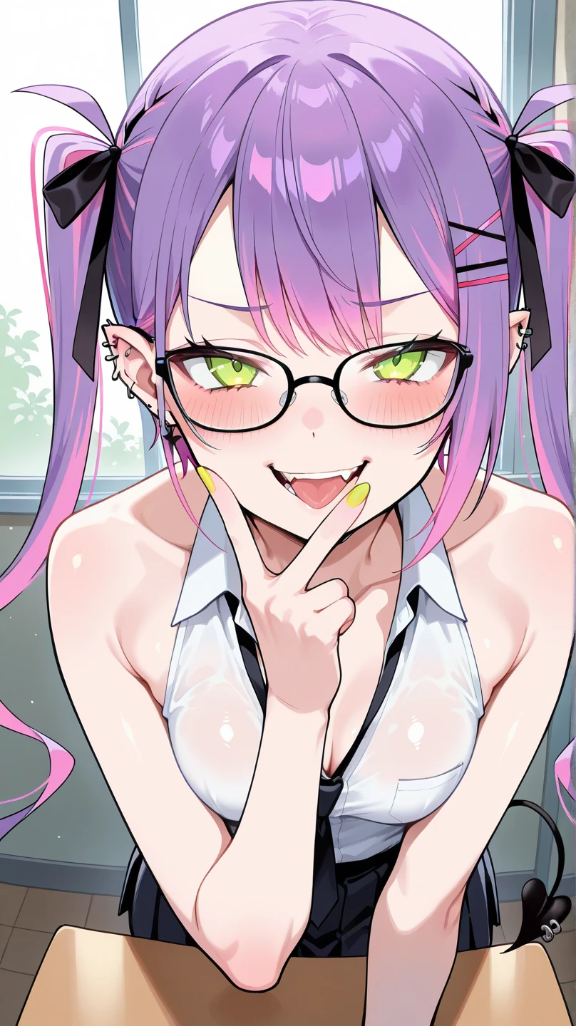 (Masterpiece), (best quality), Cat girl in her 20s, long hair, dark purple hair, chest, purple eyes, cat ears and cat tail, round glasses, black underwear.