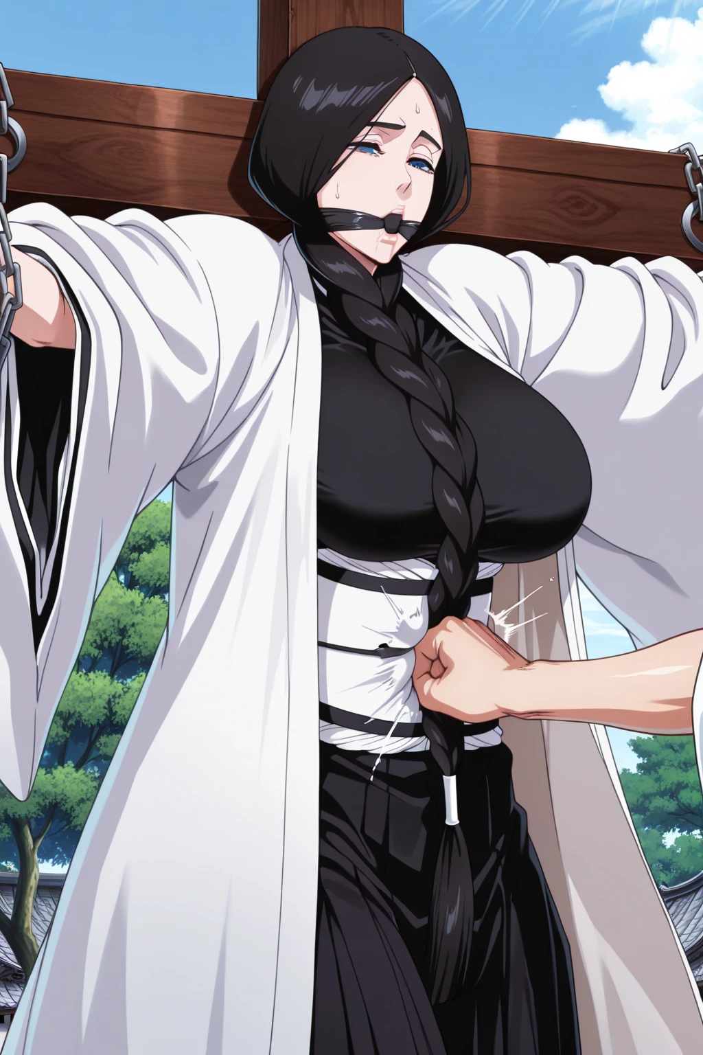 kobeni higashiyama, black hair, hair ornament, hairclip, mole, mole under eye, ponytail, short hair, nude, (brown eyes:1.5), nude, manos y brazos atados, bdsm, Arms tied behind the back, arms behind the back, Arms tied behind the back, muslos atados, patas atadas, amordazado, brazos atados, arms behind the back, de frente, mordaza de bola, bdsm,Esclavitud, amordazado, sitting position, kneeling position, in the room, mordaza de bola color roja, gag de correas, viendo hacia el espectador, looking towards the camera, babear, babeando, saliva en la gag, basement, sonrojada, en celo, patas atadas, pies atados, labios pintados de color rojo, Punto de vista, mano acariciando la cabeza, piernas abiertas, piernas atadas, globos de texto, ((3 comic panels, pagina de comic, Speech bubble + Habla flecha (symbol)+ japanese comic book, burbuja + signos de exclamacion dentro de una burbuja de texto )), recuadros de texto, 3 panels Japanese comic and manga style., 3 paneles de diferentes perspectivas, fist-shaped hands,