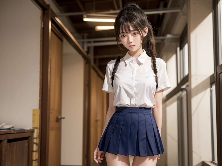 medium hair、ponytail、sailor suit、、mini skirt、Big eyes、high school student