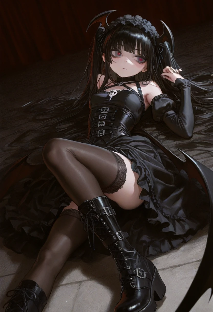 ((Biologically correct limb count)),(( From head to toe,Full-body photo including face)),4K,((Standing position)),masterpiece,((Focus on the face)),((Symmetrical facial features)),Eyes with detailed description,Beautiful woman,Great style,Beautiful arms,Beautiful legs,Beautiful Hands,(Small Ass,Thin thighs),Facial detailing,Small earrings,necklace,(Patent leather blazer,See-through mini skirt((Black high heels,Black patterned stockings))),Realistic photo,Lying on the linoleum floor,Low angle photo,A little panchira,