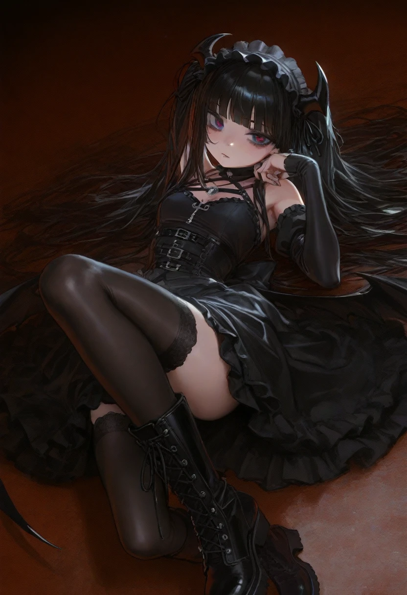 (((top-quality, masterpiece))), (best quality), (detailed), (((one young girl))), (solo girl), (bartender girl), happy, charming, smiling, ((highly detailed beautiful face)), delicate girl, delicate face, dark hair, long hair, poney tail, bleu eyes, dark look, make up, ((small breasts)), nice hips, flat belly, slim waist, define collarbone, (((sofisticated and detailed black leather dress))), ((sexy dress)), big cleavage, (((black lace stocking))), ((black leather chocker)), ((kneeling, whiping the floor, all fours on the ground)) sexy pose, cinematic shadow, wiping counter, irish pub atmoshpere,