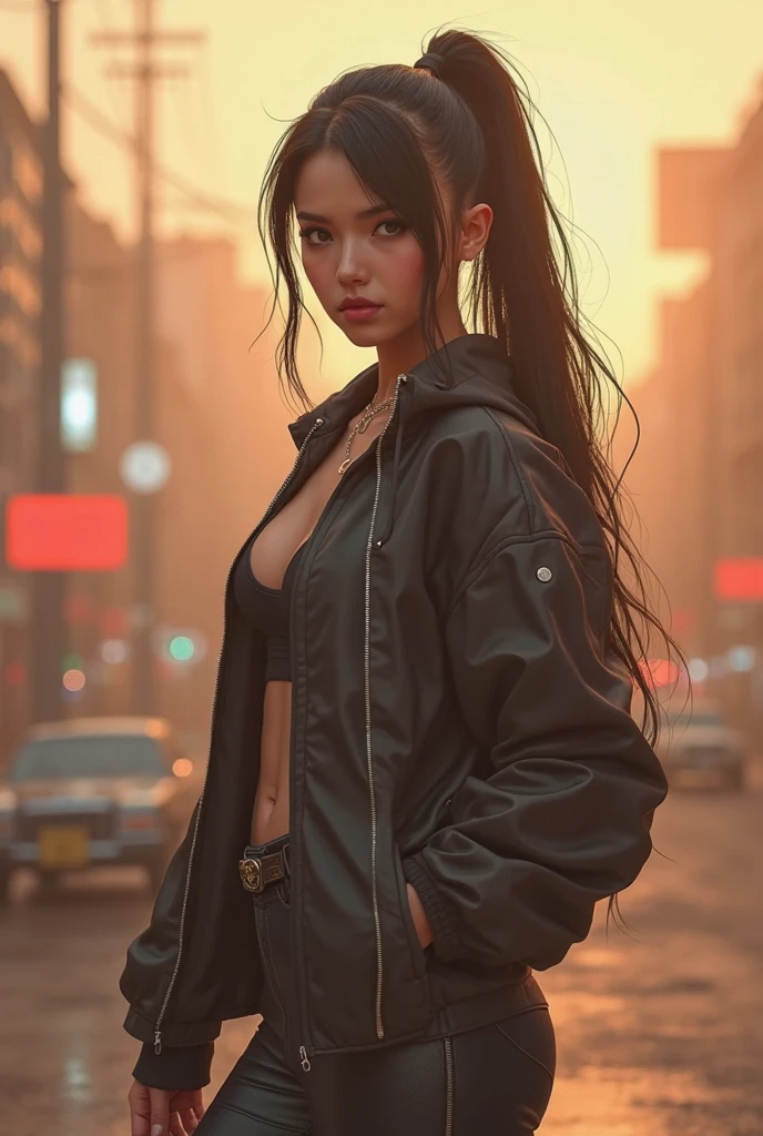 Beautiful woman, dark long hair, big chest, black troop jeans, belt, bikini, just one person, on city street, at night, front view