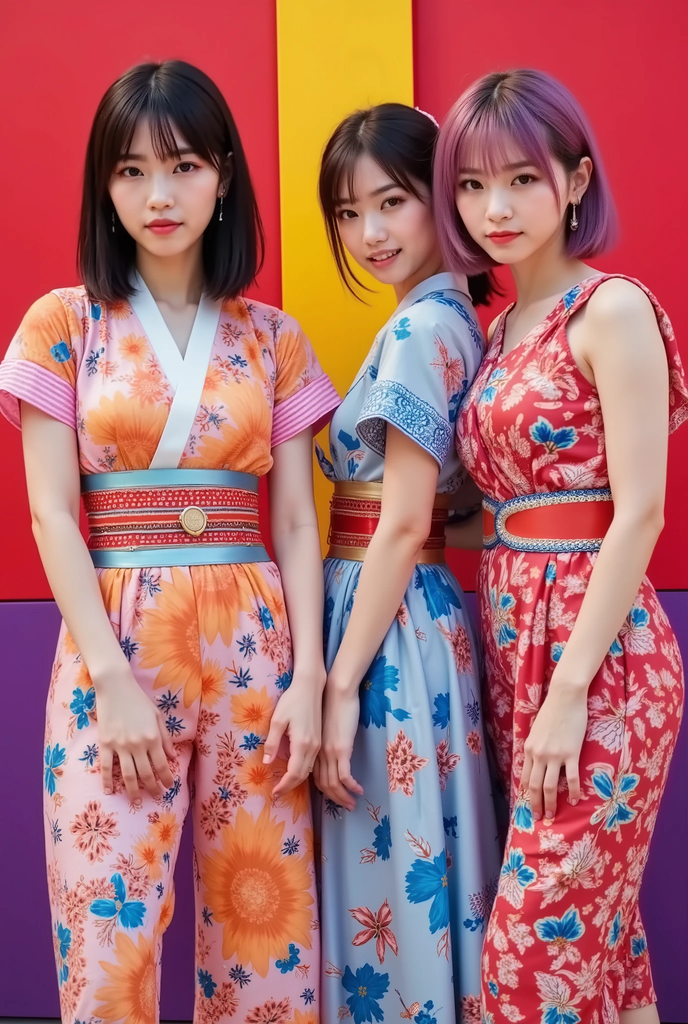 live venue,4 person female idol unit singing live)((着物と帯のを現代風にアレンジした個性的なCostume1.5)),(Bare legs), ((4 people face、hairstyle、Costume、Draw everything by color 2.0)),Big smiles at fans.Currently performing live
