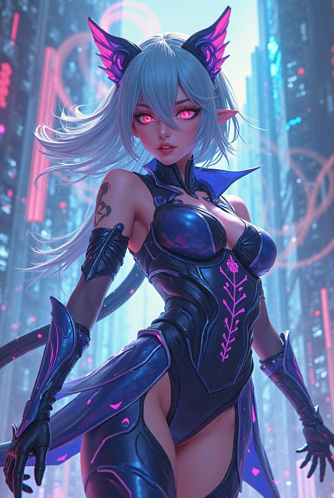 ((Echanis_enicha)), best quality, realistic, absurdres, perfect shadows and lighting, simple background, incredible high-key lighting, masterpiece, thigh up shot, cowboy shot, high quality, detailed, extremely detailed, ambient soft lighting, 4K, 1girl, (alternate breast size), belly, breasts, big breasts, ((dark sclera)), (purple eyes), (((glowing eyes))) ((long hair)), feathered bangs, bangs, feathered hair, ((light blue hair)), navel, solo, (armpit), ((gleaming skin)), ((sweat)), ((sweating)), ((heavy breathing)), thick, curvy, ((bodysuit)), ((harness)), (underboob), (boob window), ((o ring)), sleek bodysuit, ((leather)), ahoge, looking at viewer, (navel window), (bandaging), (bandaged), (wrapping), (thigh highs), (thigh strap), (garter strap), skindentation, (choker), (large choker), (choker pendant), ((straps)), navel, ((navel window)), tight, casual stance, ((underboob)), boob window, skinktight, best quality, realistic, absurdres, perfect shadows and lighting, ((torn clothes)), ((ripped clothes)), feathered wings, (feathers), wings, (dragon tail), (reptilian tail), pale blue hair, ((purple hair tips)), ((purple hair highlights)), (two tone hair), (sharp claws), ((wisp)), ((warframe))
