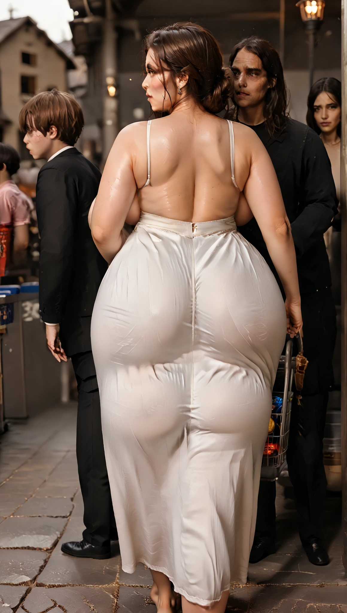 1 (very very fat), (very old lady), wrinkled face, with white skin and short brown hair, bending over a wooden table, in a pizzeria, looking back, wearing nightgown dress red, black panties below