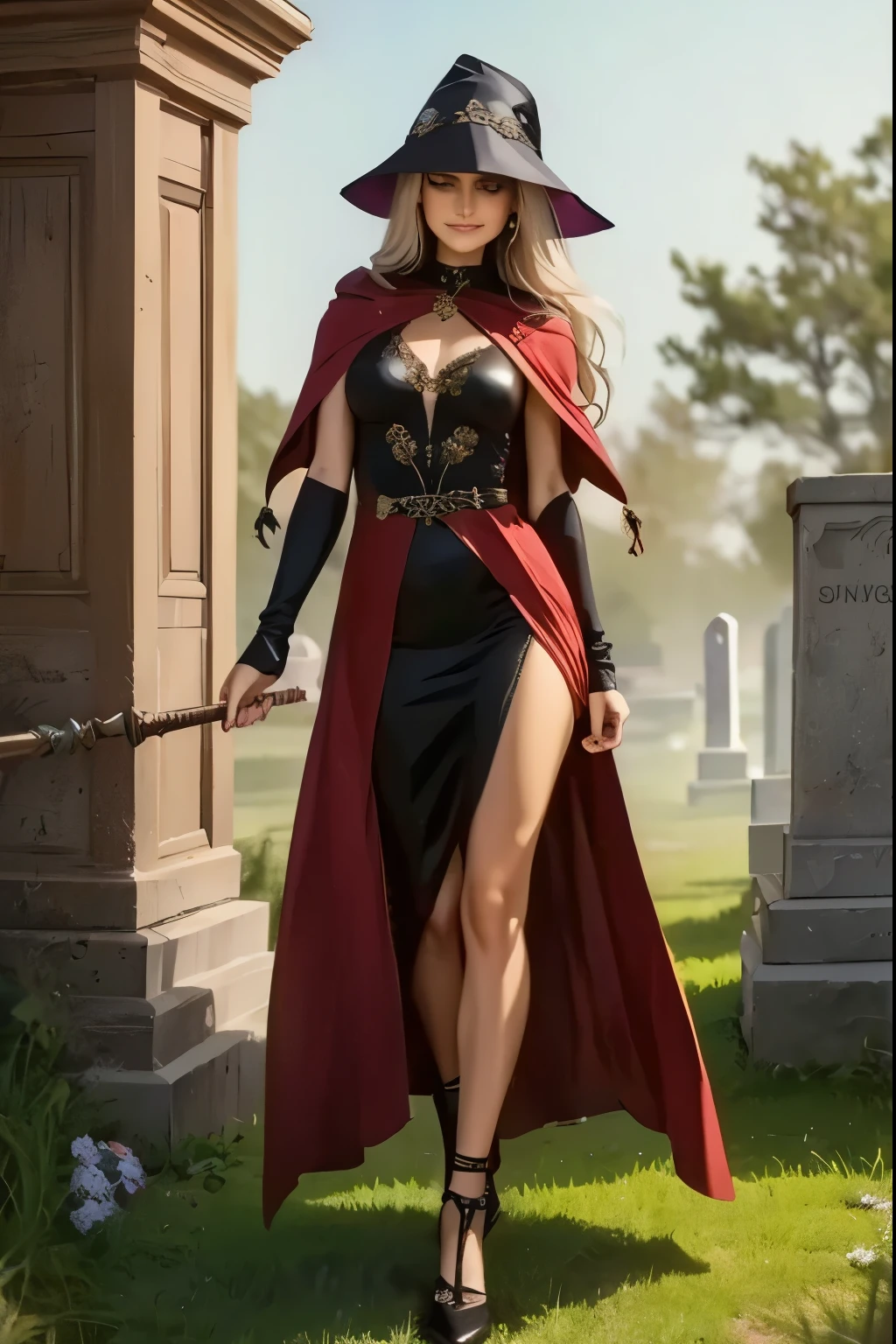 A middle-aged witch with long, silver-streaked raven hair hovers over a mist-shrouded cemetery. Her face is both wise and mysterious, marked by a timeless beauty. She wears a dark purple cloak adorned with arcane symbols, which billows in the wind. She clutches a staff inlaid with pulsating gems, from which thin strands of golden magic spring. Around her, floating shadows hide among the gravestones, drawn to her power. Despite the eerie air of the scene, her gaze is warm and captivating, with an enigmatic smile that makes one wonder if she is more guidance than threat.