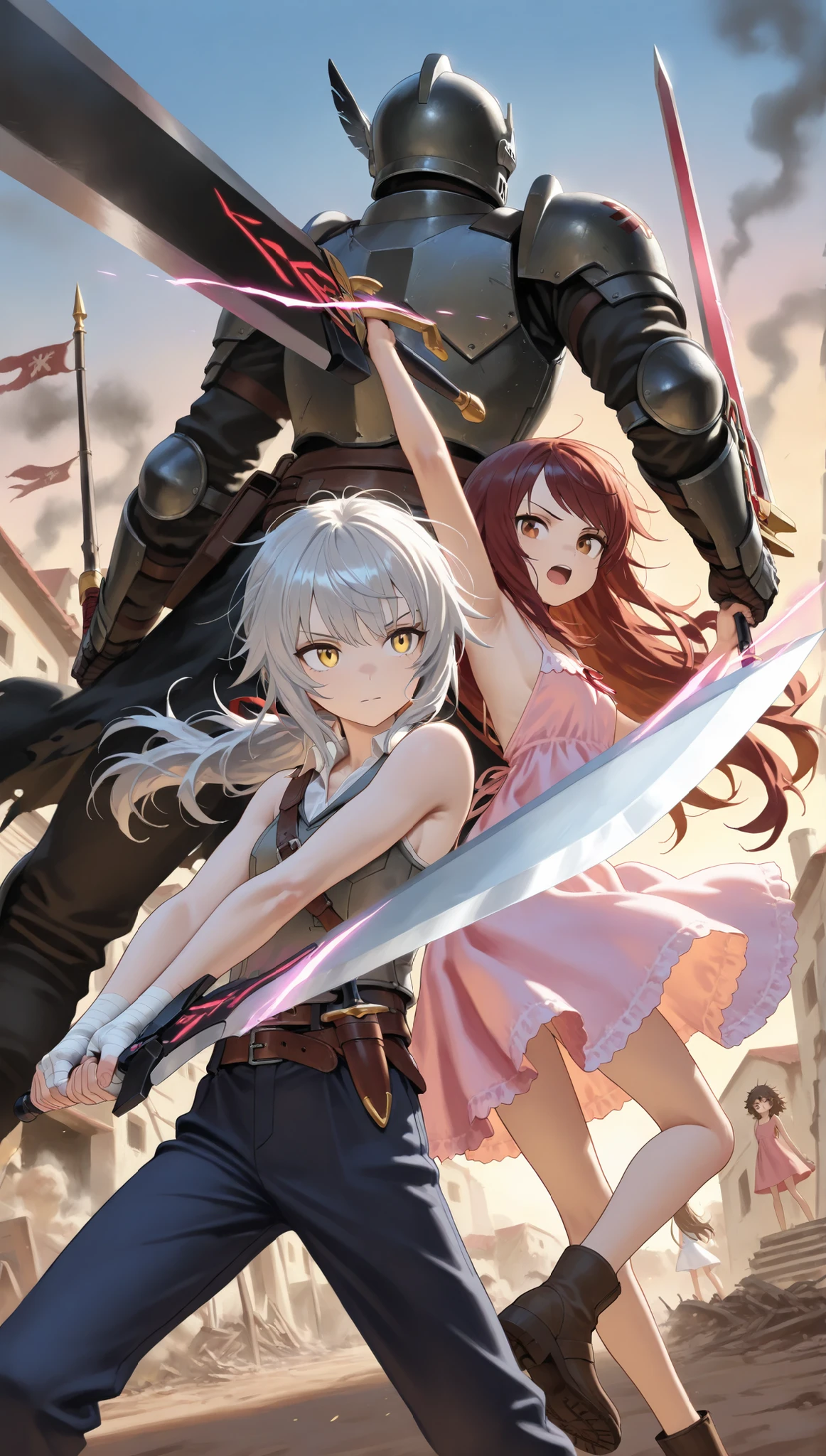  (Masterpiece, best quality),  intricate details, JK, highly detailed, intricate details, 1boy, 2girls, back to back, action pose, dynamic angle, character:  messy hair, brown hair , brown eyes , very long hair ,low ponytail, swept bangs thin , small breasts , bare shoulders , pink sundress , backless sundress , bandaged hands , spaghetti strap sundress , sundress with white frill trim , brown belt , brown combat boots , dagger sheathe attached to belt, character: messy hair, yellow eyes, upper body, long hair, gray hair, low ponytail, light skin, yellow eyes, gray sleeveless vest with white frill trim,thin, light gray sleeveless shirt, dark blue trousers, thin legs, thin thighs, dark red swordbelt, armpit, sword sheathe, sword pommel, slashing sword, holding sword, brave perspective, holding sword, character: armored man, helmet, armor, sword, size difference, battlement, smoke, banners flapping in wind, dusk, ruined town below, 