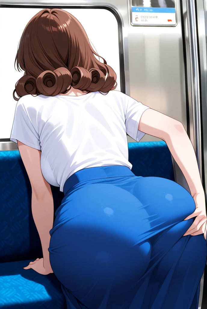 nsfw,hyperrealistic anime,adult curvy gyaru,tanned gyaru,standing,groped by man at train,dark brown hair,earring,patterned blouse,short skirt,upskirt,from below and behind,