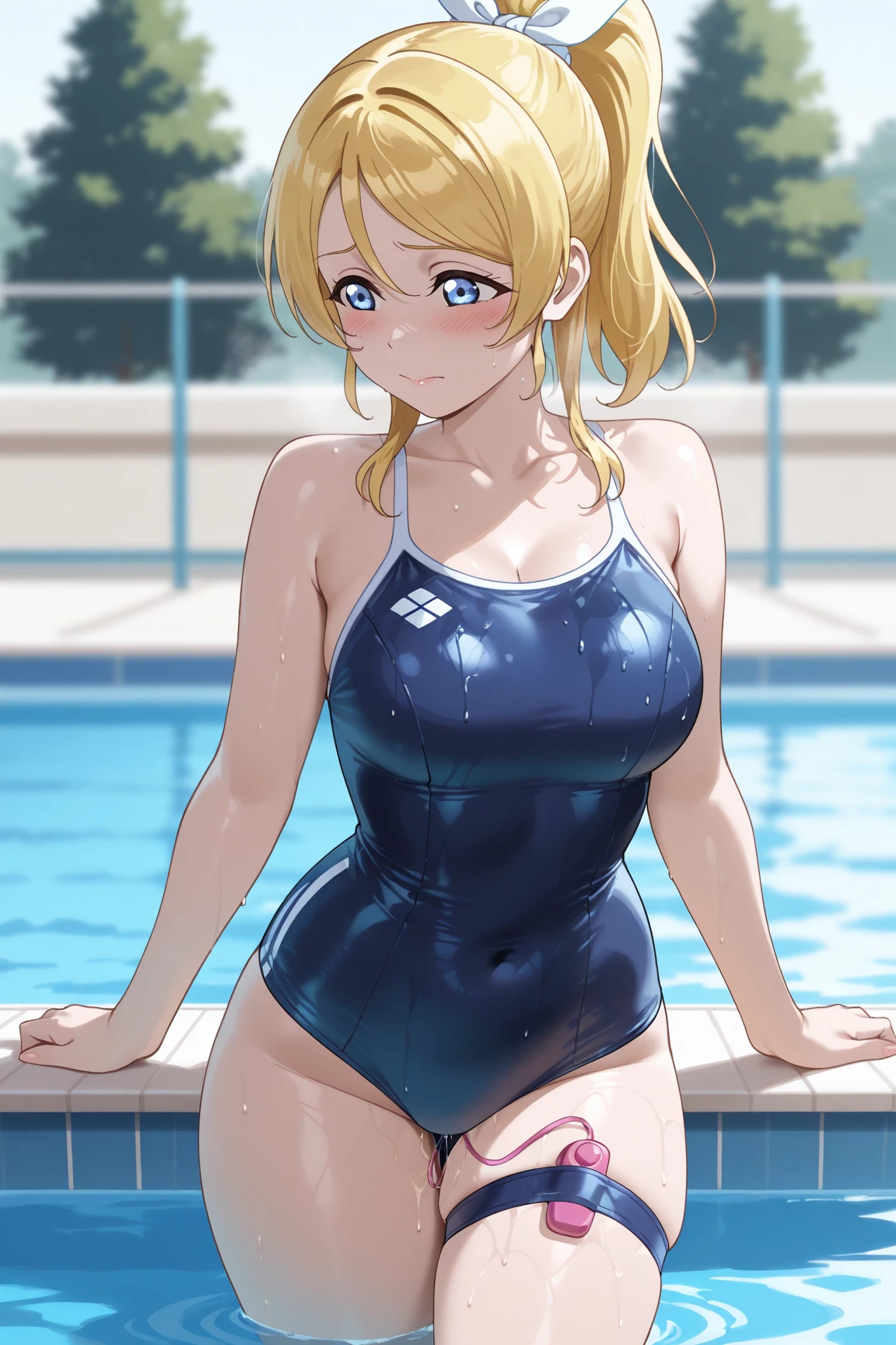 1girl,masterpiece, best quality, high resolution, green eyes, blue school swimsuit, school swimsuit, big breasts, nice breasts, pretty, blonde hair, blonde, ahoge hair swimming pool, pool :o