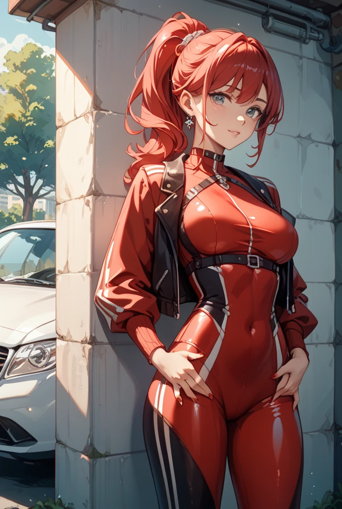 Adult girl with copper-orange hair with bunny ears, brown eyes and glasses, dressed as Deadpool.