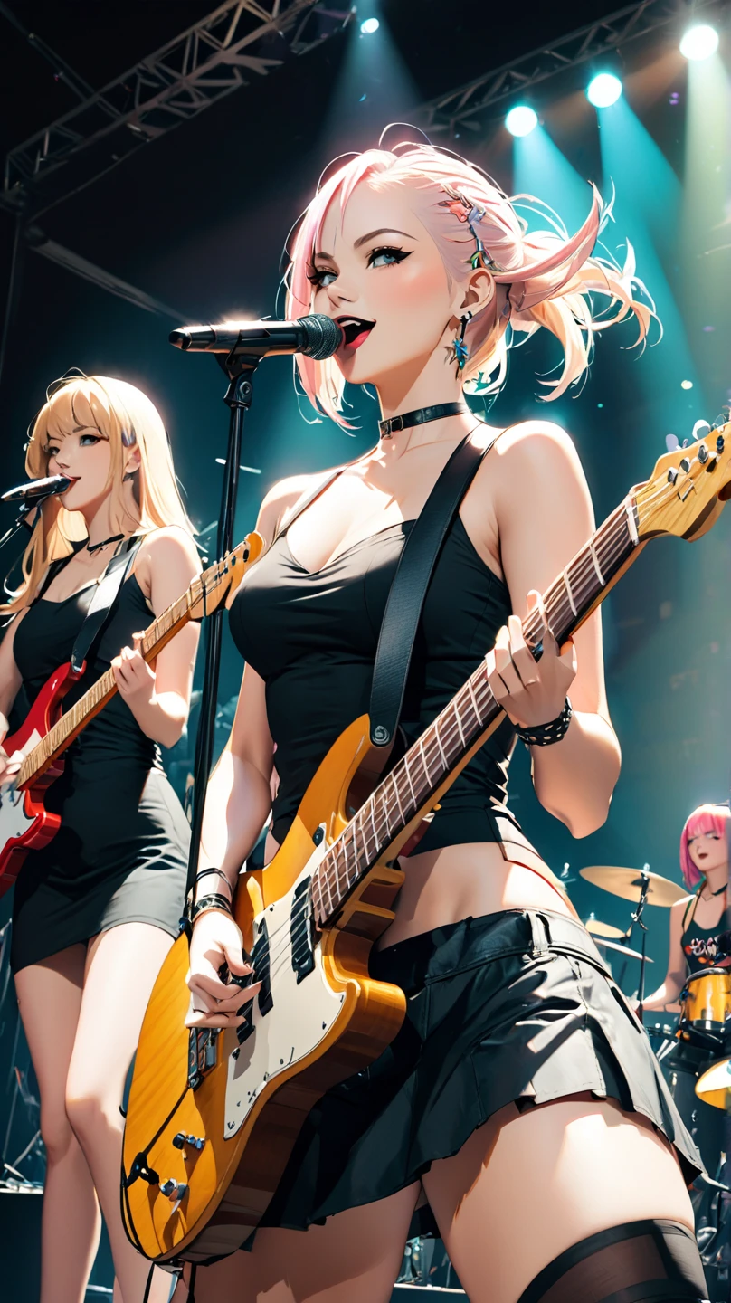 Beautiful Japanese teenage band idols with big breasts and red hair playing guitars in underwear on a live stage、Punk Fashion、Black leather jacket with studs