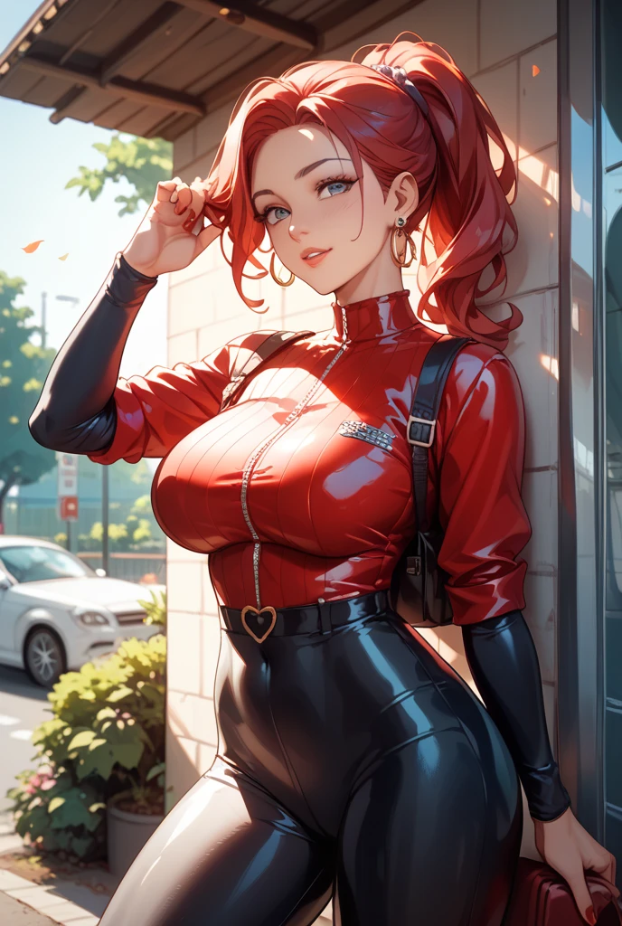 (masterpiece), close up, in office, cleavage, suit, officewear red hair, smirk, big eyes, young, 16, , dva's tits, 1 girl, thighs