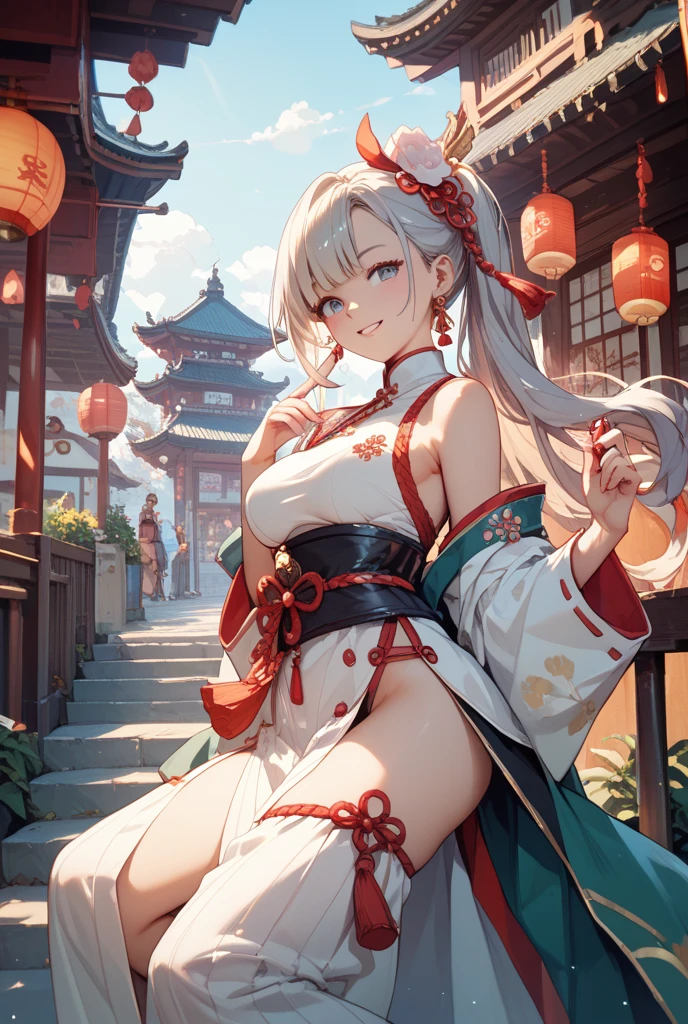 1 woman, ((detailed eyes:1.2)), wearing transparent miko outfit, nsfw, sexy, sensual, sleeveless, sideboob, masterpiece, top quality, best quality, official art, beautiful and aesthetic:1.2), extreme detailed, colorful, highest detailed