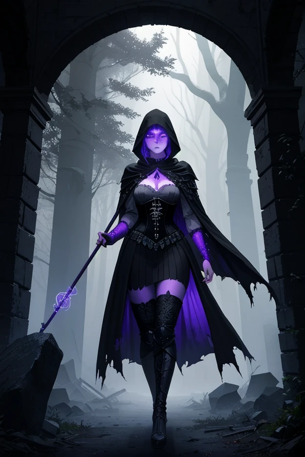 corrupted sorceress, dark and sinister appearance, black and tattered clothes, aura of necromancy and poison, face hidden by a hood, powers of shadows and sorcery, manipulating shadow creatures, foggy swamp environment, with fog and dead vegetation around, surrounded by living skeletons